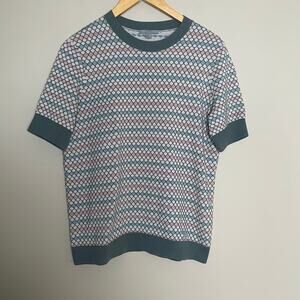 COS Short Sleeve Knit Ringer Crew Neck Diamond Pattern Shirt Green Pink S